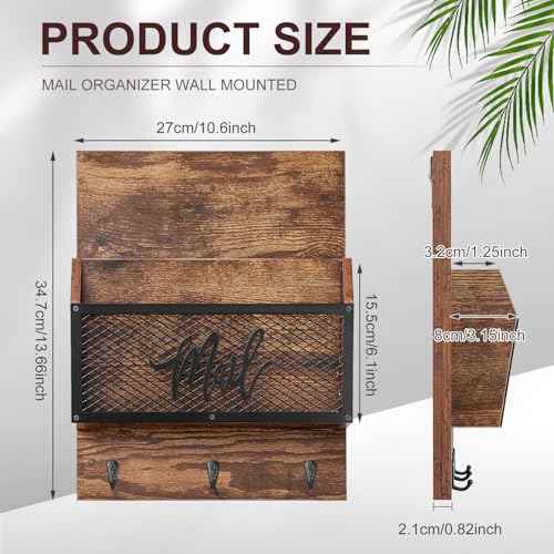 Farmhouse Mail Organizer Wall Mounted Rustic Mail Holder Hanging Key Sorter with 3 Hooks Indoor Wooden Wall Mounted, Letter, Magazines, Newspapers, Keys(Brown)