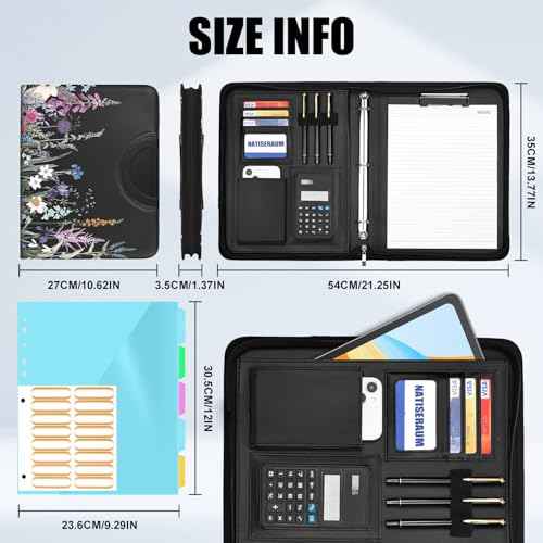 Portfolio Organizer - 3 Ring Binder with Handle, Vegan Leather Business Padfolio Folder with Notepad, Includes 5 Dividers with 10 Pockets for Documents Files