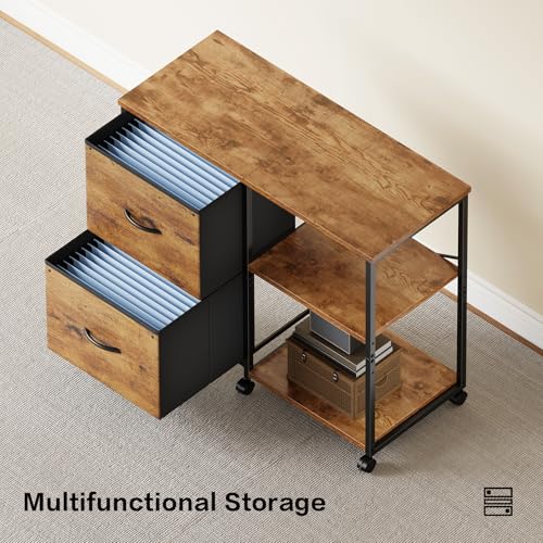 2-Drawer Fabric Lateral File Cabinet with Wheels, Rolling Printer Stand with Open Storage Shelf for Home Office, Rustic Brown