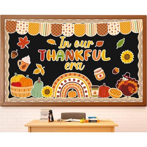 Thanksgiving Turkey Bulletin Board Decorations Pumpkin Maple Leaves Paper Cutouts in Our Thankful Era Bulletin Board Set Fall Party Supplies for Autumn School Chalkboard Wall Window Decoration Favor