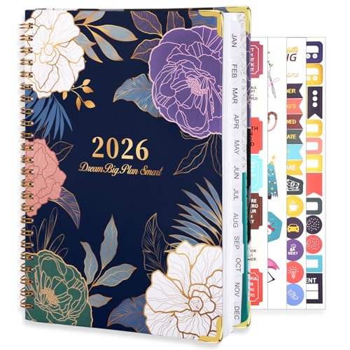2026 Planner, Weekly and Monthly Planner, January 2026 - December 2026, Calendar Planner A5 (6.5" x 8.5") with Tabs, Inner Pocket for Home School Office Supplies, Blue Flower