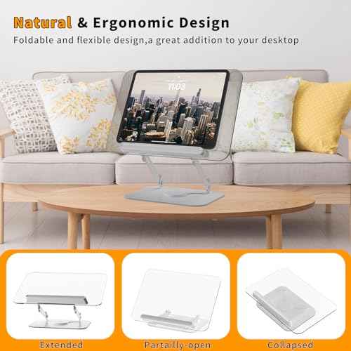 Acrylic Book Stand for Reading,Adjustable Holder with 360¡Æ Rotates Base & Page Clips,Foldable Desktop Ricer for Cookbook,Music Scores,Laptop,Tablet,Recipe,Textbook,Magazines