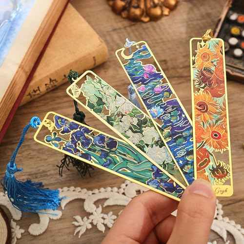 4 Pieces Metal Bookmarks with Tassel, Golden Hollow Bookmark Oil Painting Theme Book Mark Bookmarks for Book Lovers Writers Readers Children Teens Men Women Adults