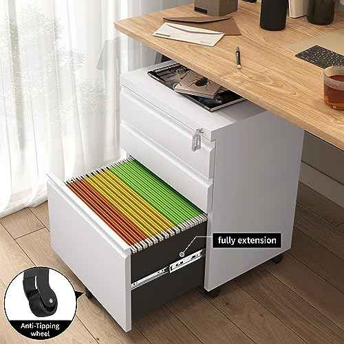 Mobile File Cabinet for Home Office, Lockable 3 Drawer Filing Cabinet with Wheels for A4-Size/Letter-Size/Legal-Size, Fully Assembled Except Casters, White