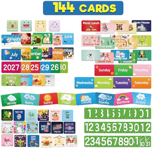 Blue Classroom Calendar Pocket Chart for Elementary with 144 Colorful Cards