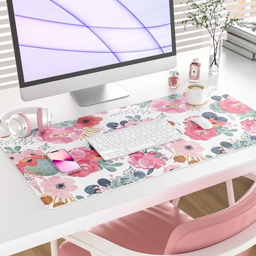 QIYI Watercolor Pink Flowers Large Waterproof Mouse Pad 31.5" x 15.7"