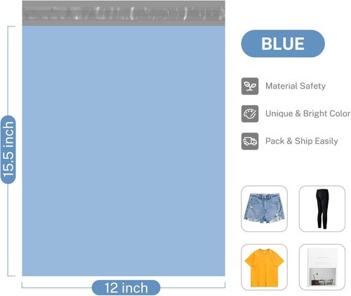 Metronic Poly Mailers - Strong Self-Seal Shipping Bags for Clothing | 12x15.5 Inch, Light Blue, 100 Pack