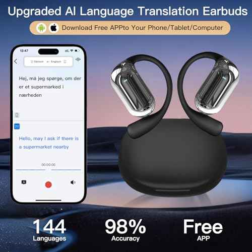 AI Translation Earbuds Real Time ? 144 Languages (Incl. Spanish), Bluetooth 5.4, 80H Battery, Waterproof, 5 Modes for Business, Travel & Learning&Meetings & Study