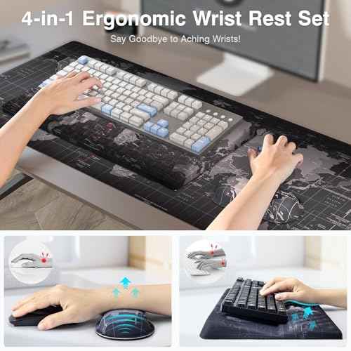 Ospelelf Ergonomic Mouse Pad and Keyboard Stand Wrist Rest Pad Set with Large Mousepad, Memory Foam Comfort, Premium Office Desk Accessories for Pain Relief and Efficiency, Black Map