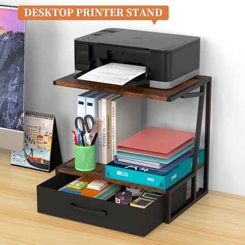Alyoen Printer Stand for Desk with Storage Drawer, 3 Tier Desktop or Under Desk Printer Shelf, Large Printer Table Organizer for Home Office, Fit Fax Machine, Scanner