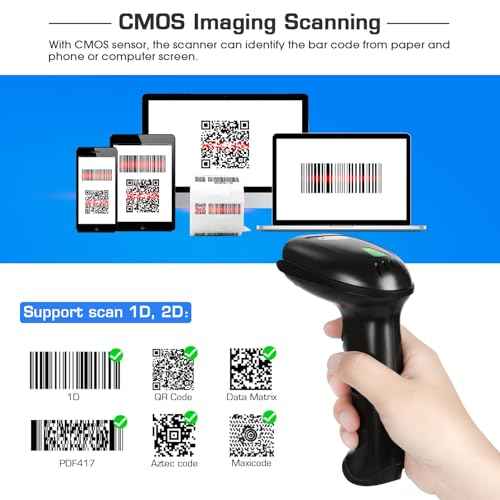 WoneNice Wireless Barcode Scanner, 2D QR Handheld Scanner for iOS Mac Windows, Plug and Play USB Cordless 1D Barcode Reader for Retail Store Warehouse Inventory