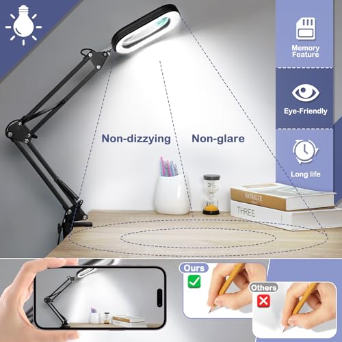 Drdefi 12X Square Magnifying Desk Lamp with Light & Clamp - Black