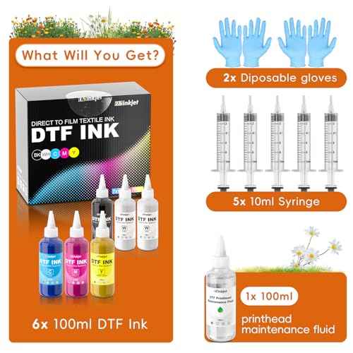 Premium DTF Ink 600ml, DTF Printer Ink Refill for DTF Printers ET-8550 XP 15000 L1800 L805 R1390 R2400 D570, Heat Transfer Printing Ink Set 100ml* 6 & DTF Printhead Moisturizing Fluid 100ml