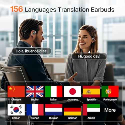 Translation Earbuds Real Time ? 156 Languages Translator Earbuds, Free AI App Assisrant with 4 Smart Modes, Ultra-Light Open Earbud for Travel, Business, Language Learning (Black)
