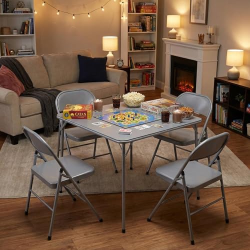 FurnitureR 34-Inch Square Folding Card Table with PVC Top & Metal Frame, Grey