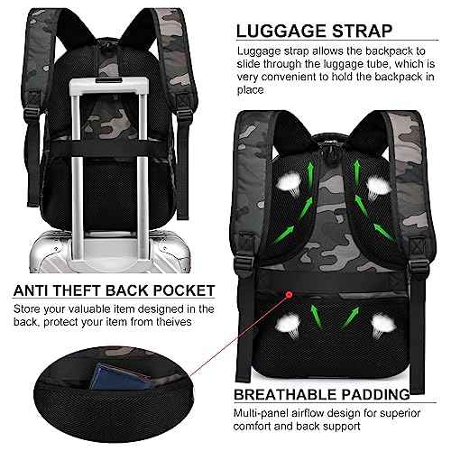 Laptop Backpack for Men, Large School Backpack for Teens, Business Slim Laptop Backpack with USB Charging Port, 15.6 Inch Anti Theft Water Resistant College Bookbag Computer Bag Daypack, Camo
