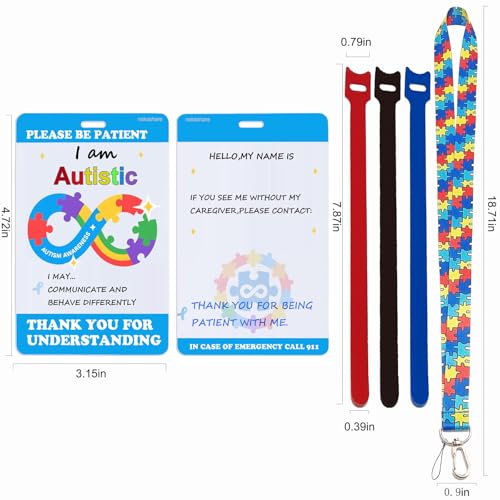 Pack of 3 Autism Awareness Safety Tag Cards with Lanyards & Fastener Strips
