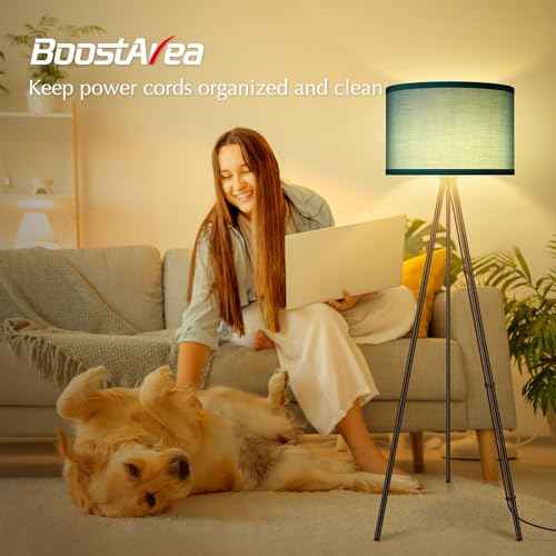 BoostArea Floor Lamp for Living Room, Tripod Floor Lamp, Green Linen Lamp Shade, Blub Not Included,Mid Century Standing Lamp for Living Room, Bedroom, Study Room and Office