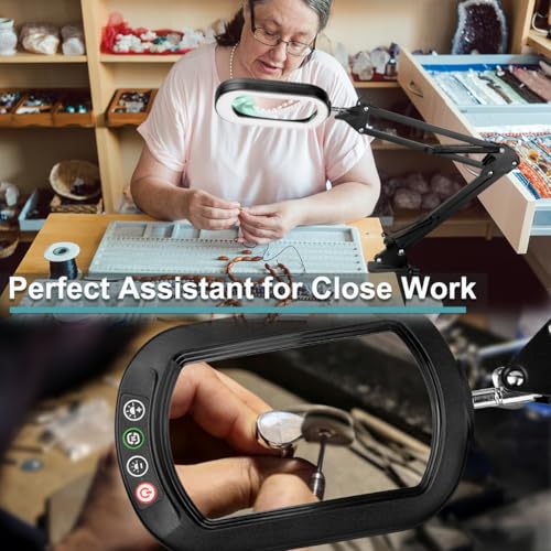 10X Rectangle Magnifying Glass with Light, 5 Color Modes Stepless Dimmable Magnifier with Stand, LED Lighted Clamp Desk Lamp with Swing Arm, Hands Free for Reading Painting Crafts Close Work