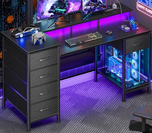 Korfile 47-Inch Reversible Gaming & Office Desk with LED Lights, Power Outlets & Storage Drawers - Carbon Fiber Black