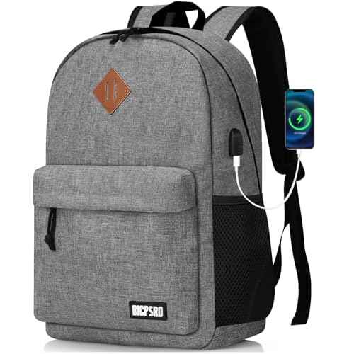 Backpack for Women Men, Lightweight School Backpack for Girls Boys Teens, 17.3 Inch Laptop Daily Use back pack with USB Charger, College High School Bookbag mochilas para hombres, Grey
