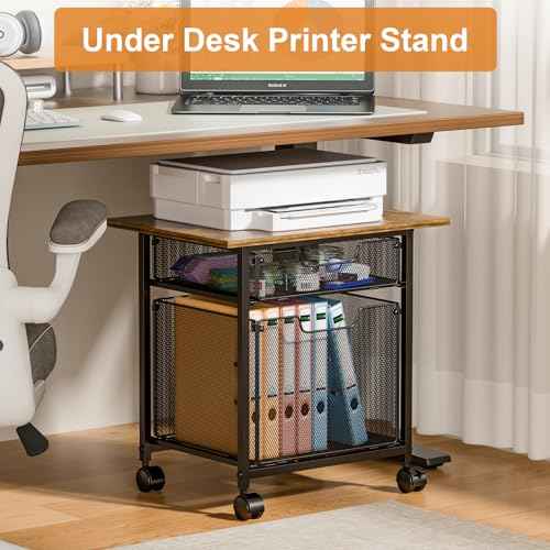 Rolling File Cabinet Cart, Printer Stand with Storage Drawer for Hanging File, Printers Table with Extended Desktop for Home Office, Printers Cabinet Shelf with Wheel for Fax Machine/Scanner