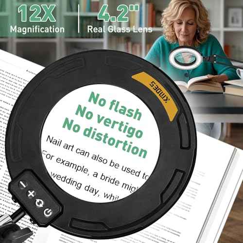 12X Long Arm Magnifying Glass with Light, 5 Color and Brightness LED Desk Lamp with Large Clamp, Hands Free Magnifier Light and Stand for Workbench Crafts Reading Hobby Close Work
