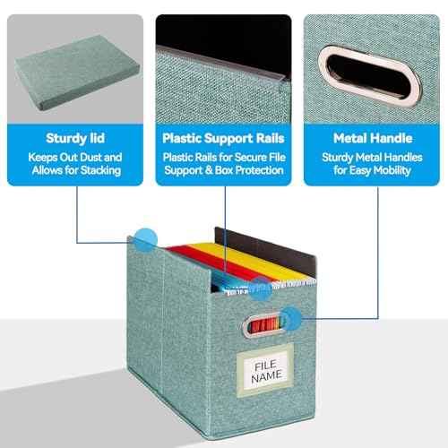 4 Pack Hanging File Folders Organizer with Lid, Letter Size Fabric File Storage Box Collapsible, Portable Office Document Holder with Metal Handle, Smooth PVC Rails, Green
