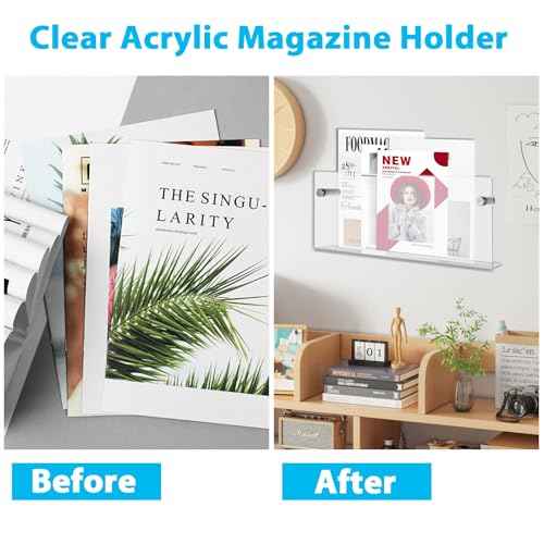 4PCS Acrylic Magazine Rack 16 Inch Wall Mount Acrylic Magazine Holder Acrylics Wall Organizer 16 Inch Floating Magazines Display Acrylics Book Shelves Walled Magazines Holder for library