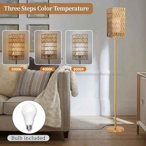 Floor Lamp for Living Room,Farmhouse Rattan Floor lamp,Modern Standing lamp with Hand-Worked Rattan Shade,Gold Tall Lamp with Chain Switch (Square Shade)