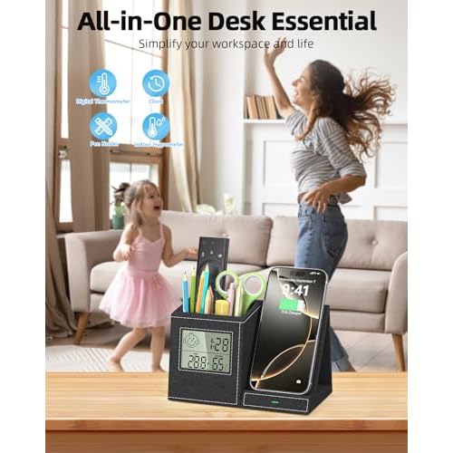 Multifunctional Pen Holder and Organizer for Desk with Wireless Charger, Digital Indoor Thermometer and Humidity Gauge, Home Office Organizers and Storage (Battery Included)