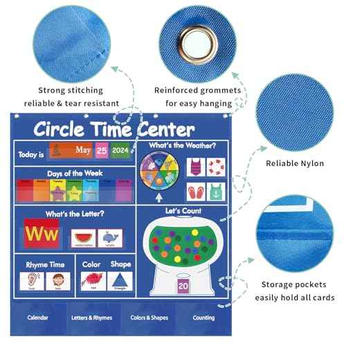 Boczif Circle Time Learning Center Pocket Chart for Classroom, Educational Teaching Materials Learning Calendar Weather Number Counting Letter Color Shape Wording Rhyme Pictures (Blue)