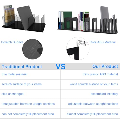 Adjustable Vertical File Sorter Sturdy Plastic Expandable Upright File Holder, Desktop Binder Organizer, School Office Organization Bookshelf Divider, Assemble Easily Endlessly, Black