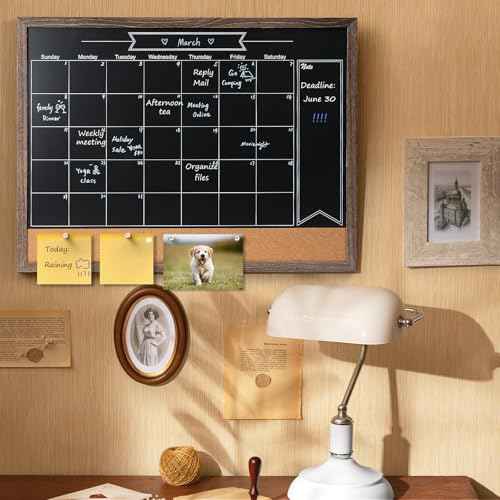 ARCOBIS Chalkboard Calendar with Cork Board, 24x18 Inch Wood Frame Bulletin Board for Wall, Magnetic Chalk Calendar Board with Chalk Markers, Push-Pins and Magnets,Grey