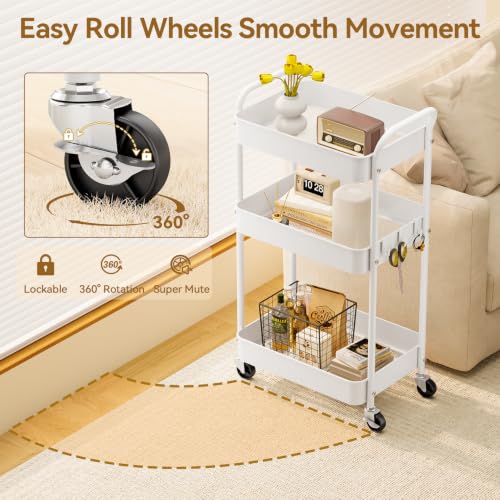 YASONIC White 3-Tier Metal Utility Cart with Wheels - Heavy-Duty Storage Organizer