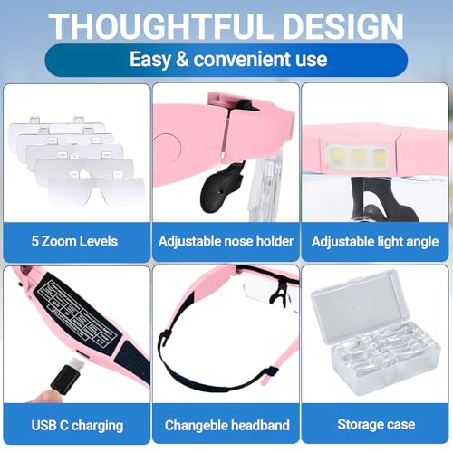 YOCTOSUN Pink Magnifying Glasses with Light, 0.75X-4.0X Headset, Rechargeable