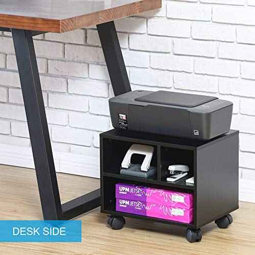 FITUEYES Mobile Printer Stand with Storage, Under Desk Black Wood Small Rolling Printer Table Work Cart with Wheels and 3 Compartment Organizer Spaces for Home Office, 15.7 x 11.8 x 13.8