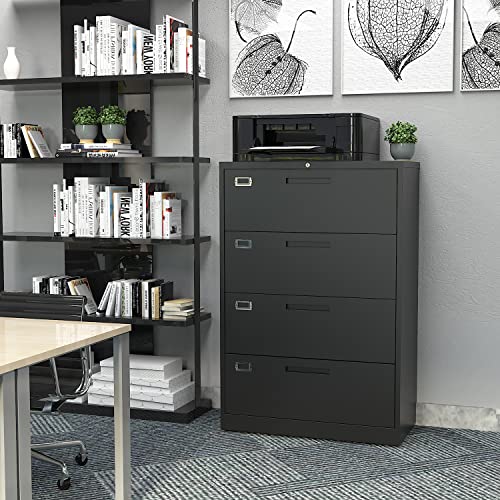 BYNSOE 4-Drawer Locking Lateral File Cabinet, Full-Extension Steel Office/Home, Black (A4/Letter/Legal) - Assembly Included