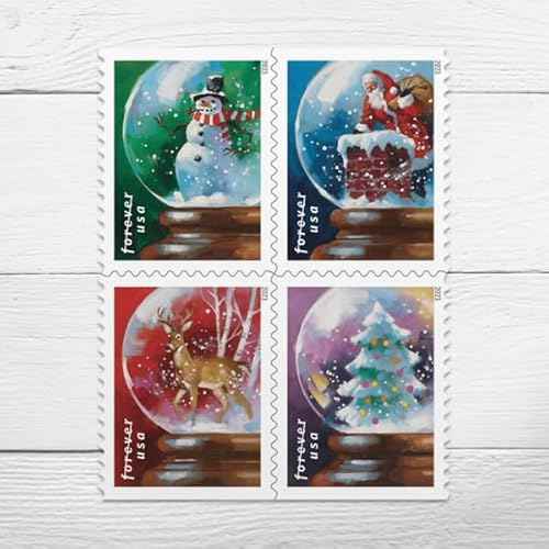 United States Postal Service USPS Snow Globes (Booklet of 20) Forever Postage Stamps (A Snowman, Santa Claus Poised on a Chimney, a Majestic Deer, and a Christmas Tree) 2023 Scott #5816-5819