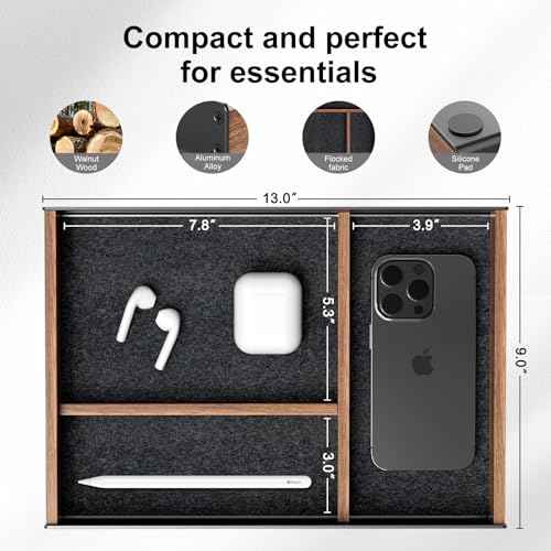 UPERGO Desk Drawer Organizer Tray, Mens Valet Made of Aluminum and Walnut, Aesthetic Desk Accessories for Office Home Supplies
