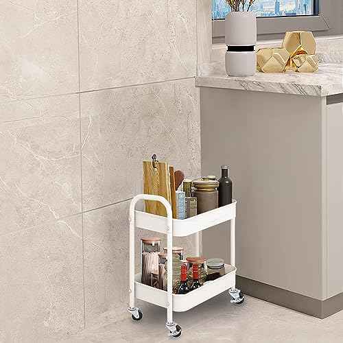 2 Tier All-Metal Rolling Cart, Rolling Storage Cart with Handle and Locking Wheels Kitchen Cart Laundry Office Bathroom Storage Organizer Cart, White
