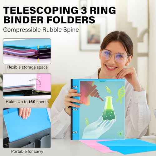 Telescoping 3 Ring Binder-12PCS, Flexible Binder with Customized Front Cover+Clear Catalog Pocket+3 Round Rings, Flat Writing Binder, 4 Bright Colors