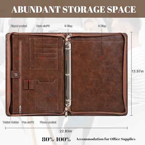 Professional 3-Ring Portfolio Organizer A4 Padfolio with Zipper, Premium PU Leather Business Planner Folder for Resume, Interview, Office, and Travel ? Dark Brown