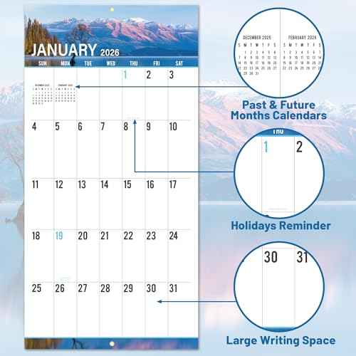2026 Wall Calendar - Calendar 2026 with Big Grids,12" x 24" (Open), Thick Paper, Large Print Calendar 2026, 12 Pages of Natural Scenery, Best Choice for daily organization