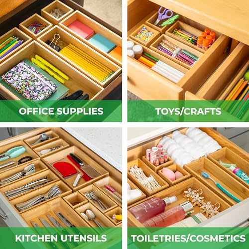 Grow Forward 14-Piece Bamboo Drawer Organizer Set - Multi-Size Storage Trays for Kitchen, Bathroom, Office & Makeup