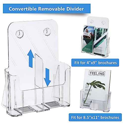 Acrylic Brochure Holder 8.5 x 11 inches, 4 Pack Clear Brochure Display Stand with Removable Divider for Trifold 4 Inches Wide Pamphlet, Plastic Flyer Holder for Magazine, Literature, Booklet