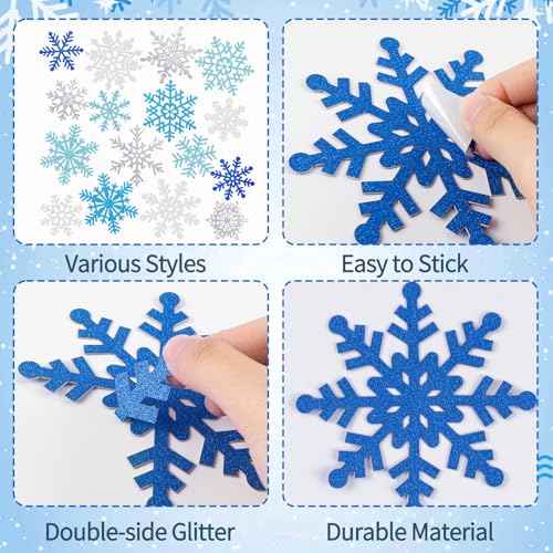 Winter Snowflake Cutouts Glitter Paper Decorations - 50Pcs Blue and Silver Double-Side Christmas Cutouts for Holiday Winter Wonderland Bulletin Board, Frozen Party Decor