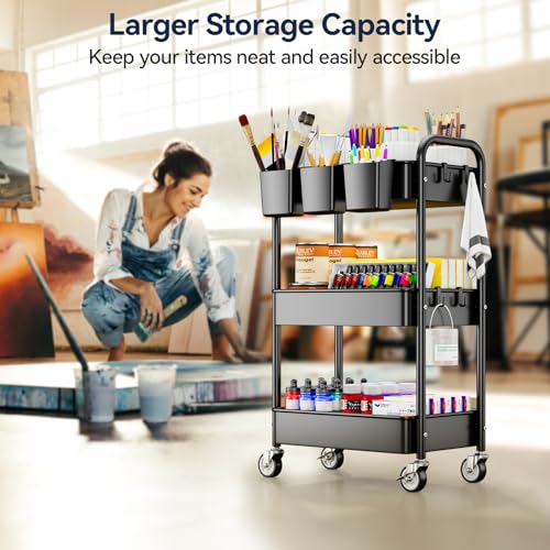 YASONIC Black 3-Tier Heavy Duty Metal Utility Cart with Wheels