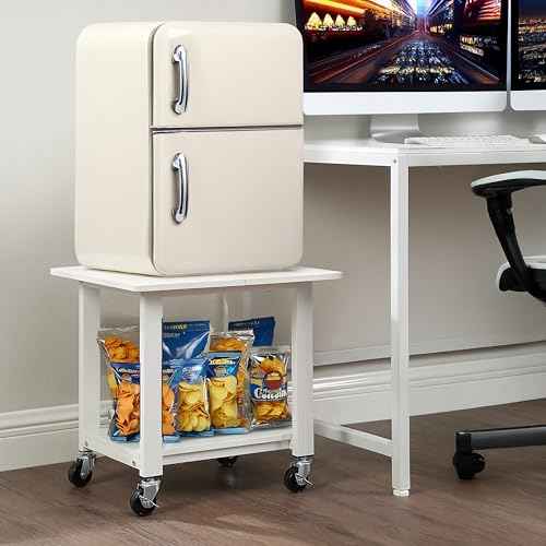 SunnyPoint 2-Tier Under Desk Printer Stand with Storage Shelf and Steel Frame, Industrial Mobile Printer Cart Holder with Lockable Wheels for Home and Office (WHT)