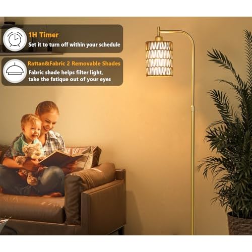 Modern Gold Floor Lamps for Living Room, Boho Rattan Floor Lamp with Remote & Dimmable LED Bulb, Farmhouse Standing Lamp with Rattan Shades, Minimalist Tall Pole Lamp for Bedroom Office
